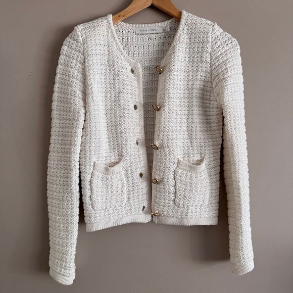 Bishop + Young Bristol Knit Gold Button Cardigan Sweater Ivory Size Small - Picture 2 of 7